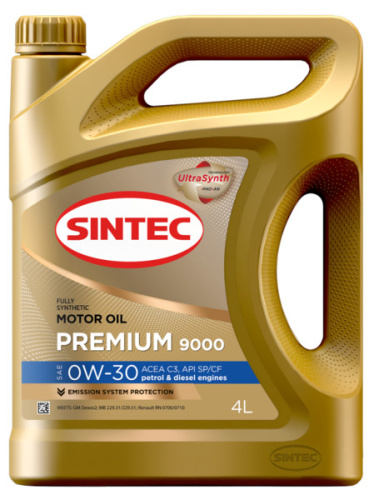 Sintec PREMIUM 9000 SAE 0W-30  API SP/CF ACEA C3 4л синтетика
